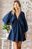 V-neck Puff Sleeve Denim Short Dress