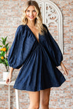 V-neck Puff Sleeve Denim Short Dress